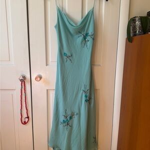 Y2K 100% Silk Blue Dress with Appliqué Embroidery size S